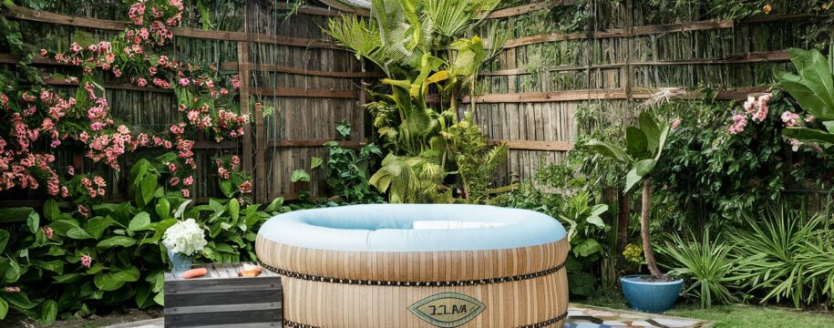 spa gonflable dans jardin luxuriant