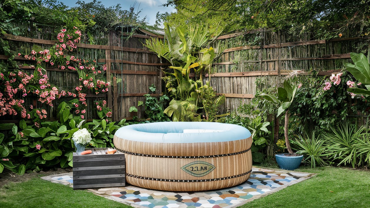spa gonflable dans jardin luxuriant